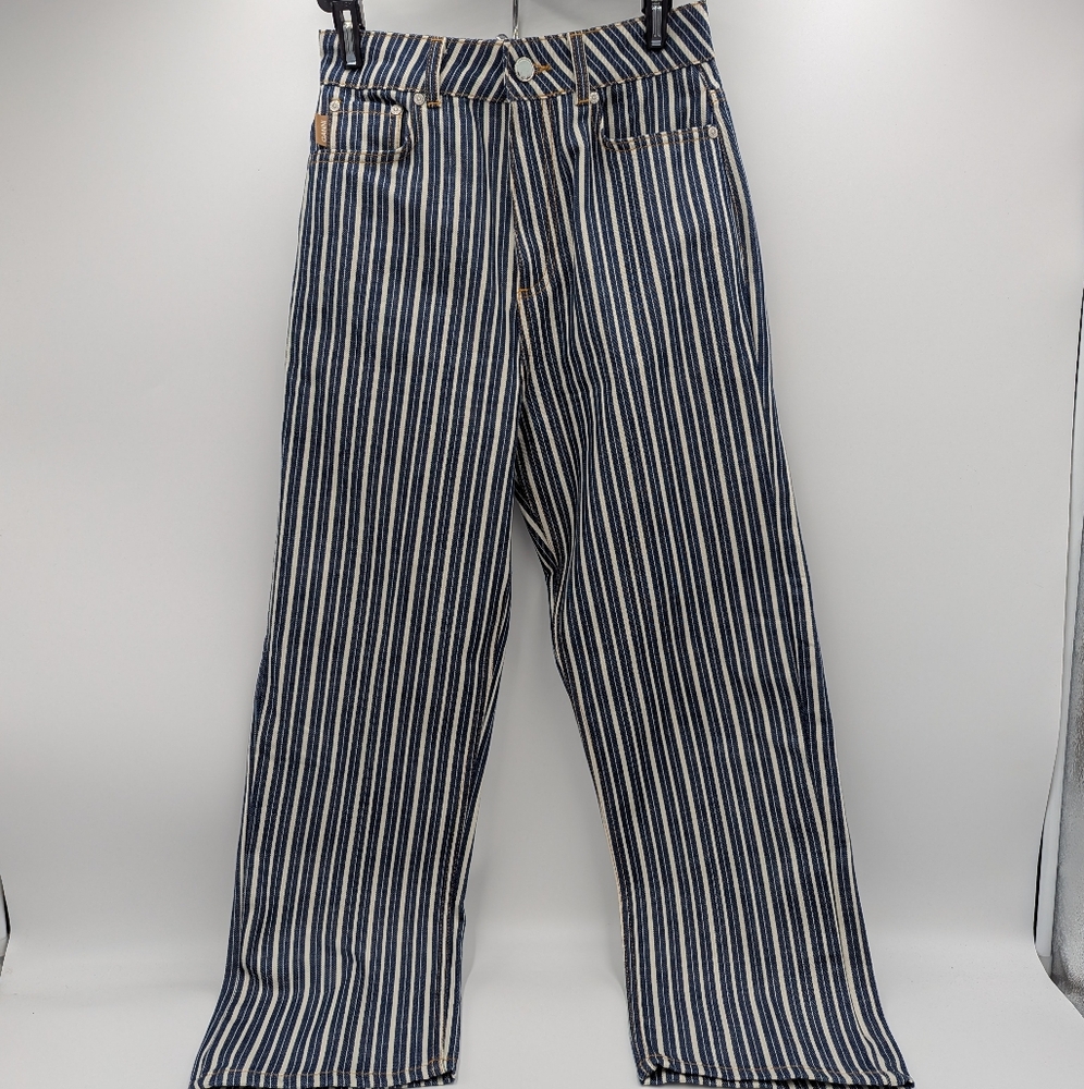 Ganni High Waist Jeans Mixed Stripes Denim Straight Legs Navy White Women's 26